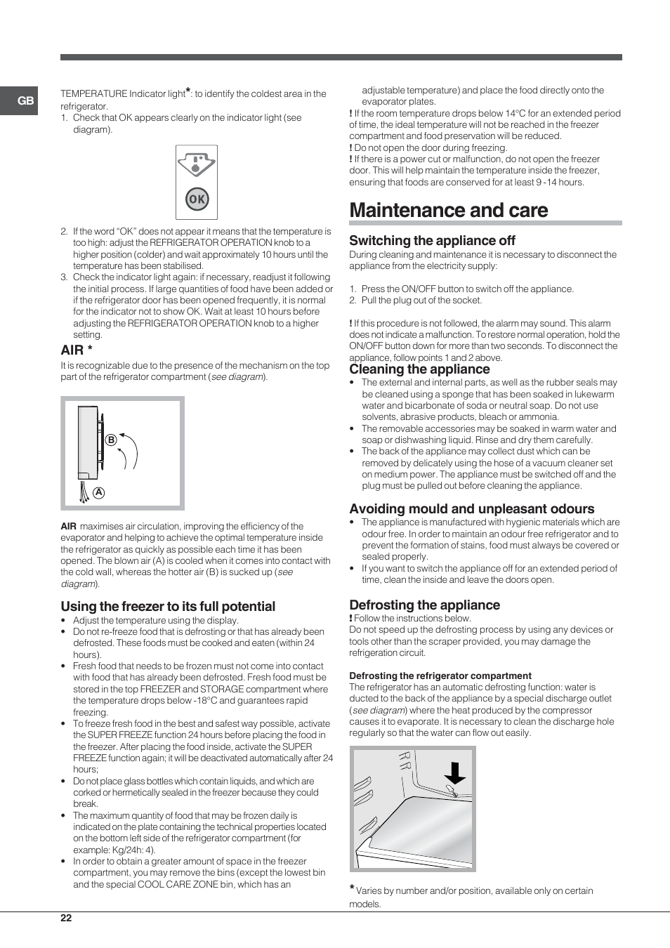 Maintenance and care, Using the freezer to its full potential, Switching the appliance off | Cleaning the appliance, Avoiding mould and unpleasant odours, Defrosting the appliance | Hotpoint Ariston SDSY 17xx V x User Manual | Page 22 / 60