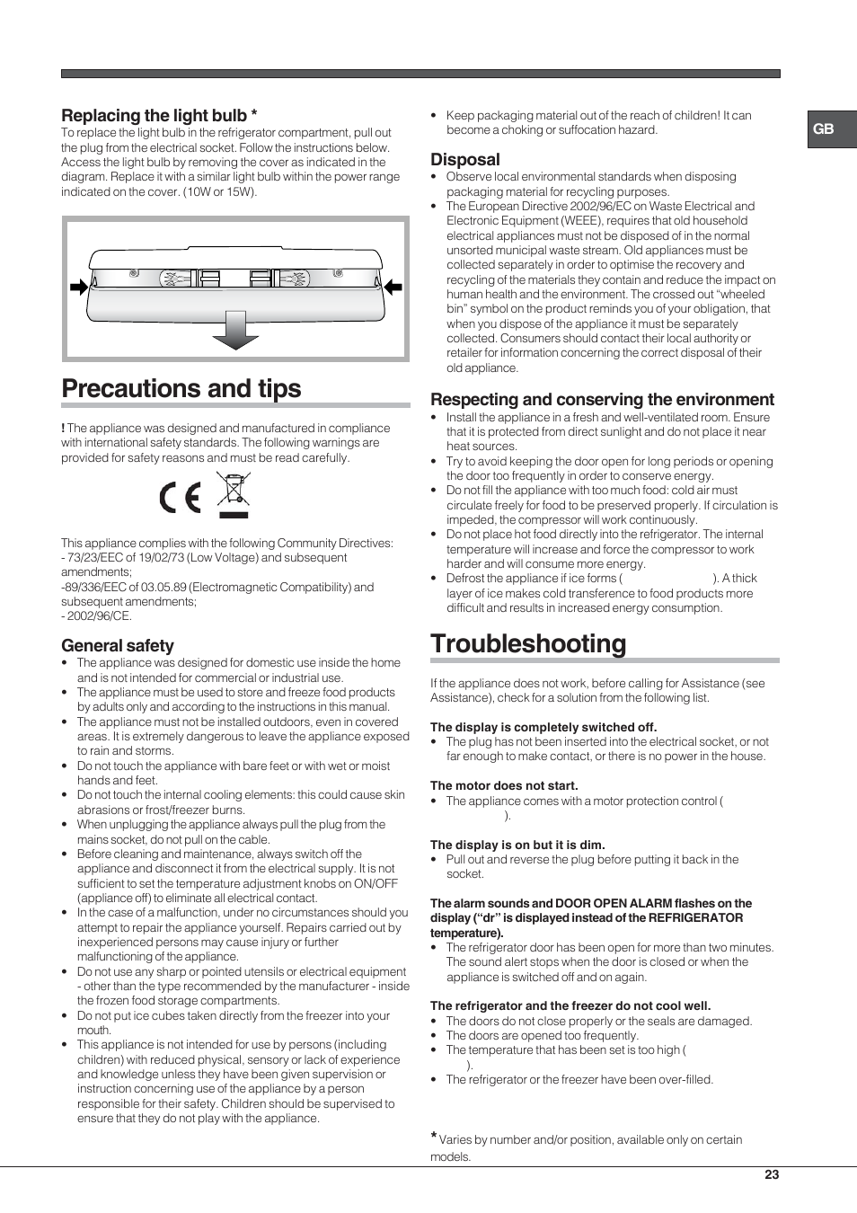 Precautions and tips, Troubleshooting, Replacing the light bulb | General safety, Disposal, Respecting and conserving the environment | Hotpoint Ariston SDSY 17xx V x User Manual | Page 23 / 60