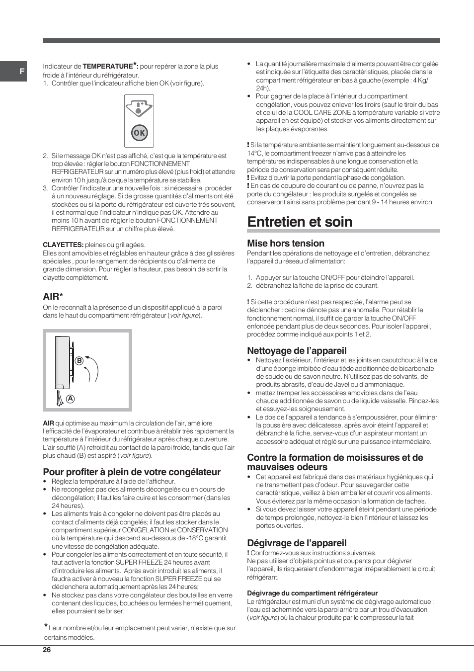 Entretien et soin, Pour profiter à plein de votre congélateur, Mise hors tension | Nettoyage de l’appareil, Dégivrage de l’appareil | Hotpoint Ariston SDSY 17xx V x User Manual | Page 26 / 60