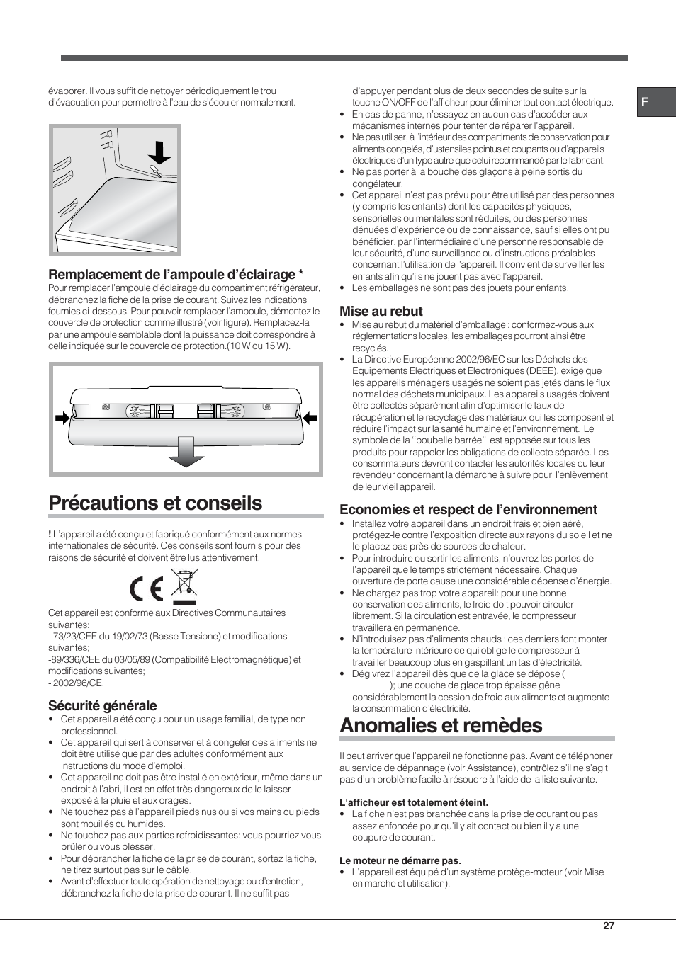 Précautions et conseils, Anomalies et remèdes, Remplacement de l’ampoule d’éclairage | Sécurité générale, Mise au rebut, Economies et respect de l’environnement | Hotpoint Ariston SDSY 17xx V x User Manual | Page 27 / 60