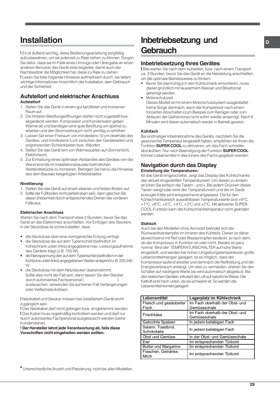 Installation, Inbetriebsetzung und gebrauch, Aufstellort und elektrischer anschluss | Inbetriebsetzung ihres gerätes, Navigation durch das display | Hotpoint Ariston SDSY 17xx V x User Manual | Page 29 / 60