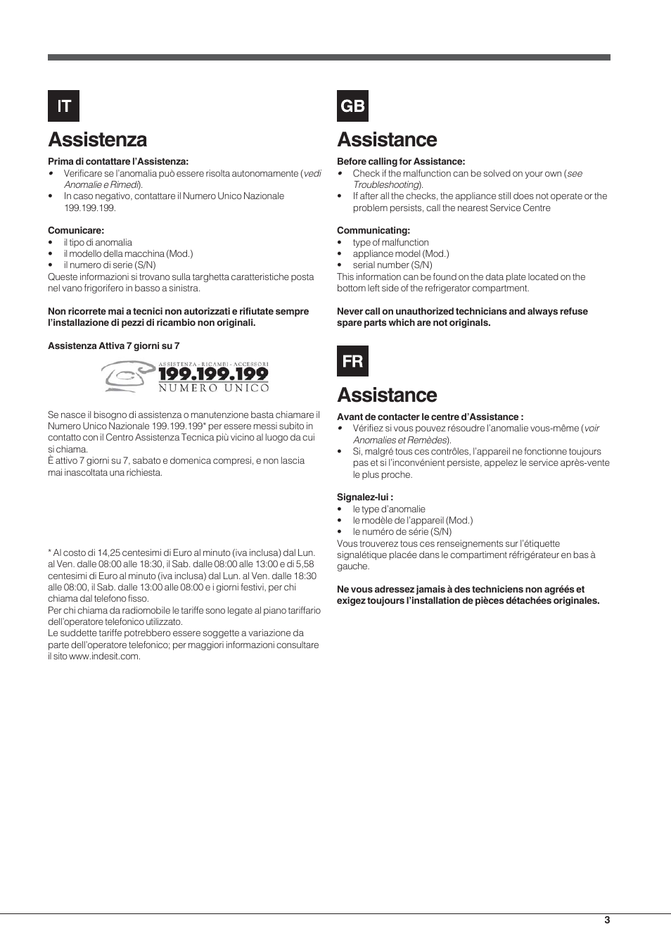 Assistenza, Assistance | Hotpoint Ariston SDSY 17xx V x User Manual | Page 3 / 60