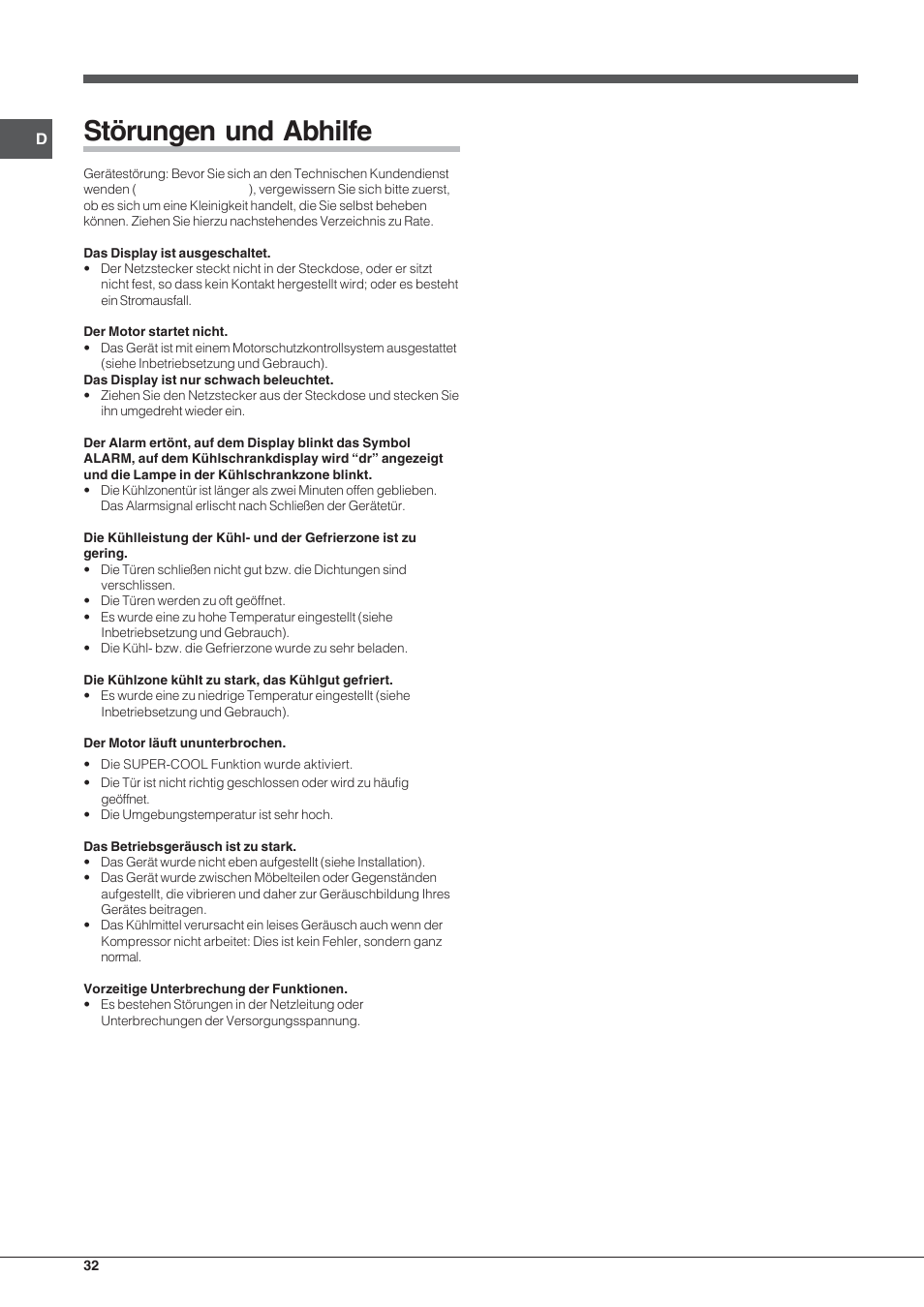 Störungen und abhilfe | Hotpoint Ariston SDSY 17xx V x User Manual | Page 32 / 60