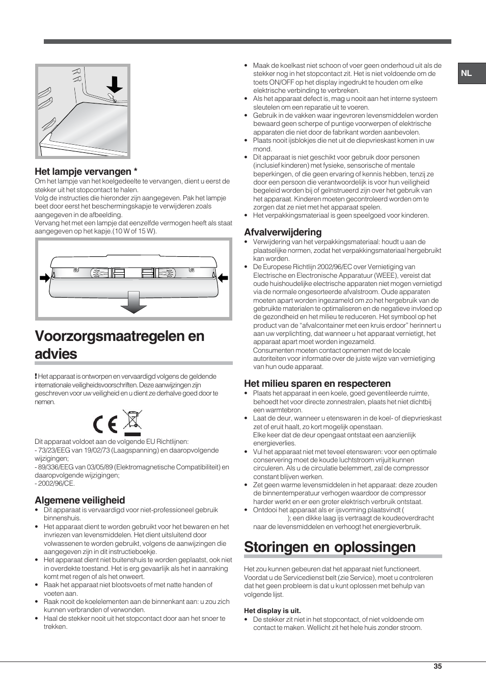 Voorzorgsmaatregelen en advies, Storingen en oplossingen, Het lampje vervangen | Algemene veiligheid, Afvalverwijdering, Het milieu sparen en respecteren | Hotpoint Ariston SDSY 17xx V x User Manual | Page 35 / 60