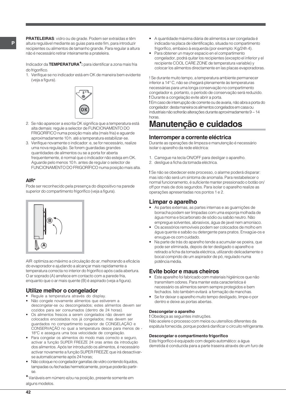 Manutenção e cuidados, Utilize melhor o congelador, Interromper a corrente eléctrica | Limpar o aparelho, Evite bolor e maus cheiros | Hotpoint Ariston SDSY 17xx V x User Manual | Page 42 / 60