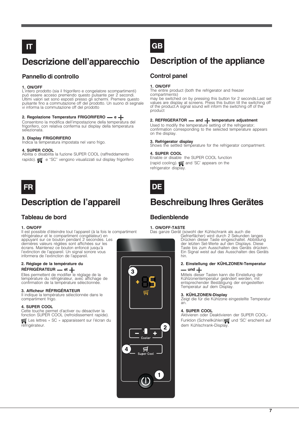 Descrizione dell’apparecchio, Description of the appliance, Description de l’appareil | Beschreibung ihres gerätes, Pannello di controllo, Control panel, Tableau de bord, Bedienblende | Hotpoint Ariston SDSY 17xx V x User Manual | Page 7 / 60