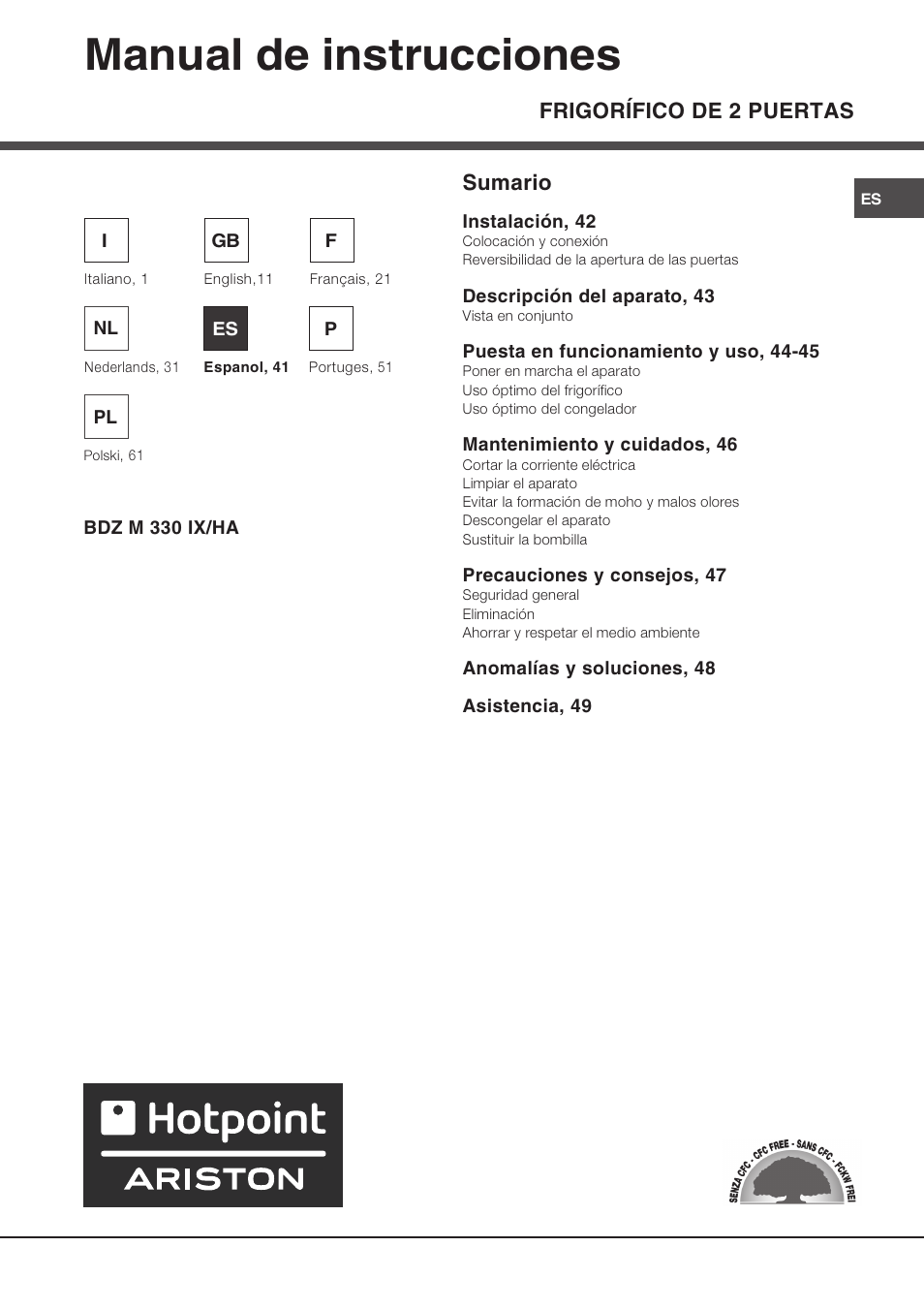 Manual de instrucciones, Frigorífico de 2 puertas sumario | Hotpoint Ariston Doppia Porta BDZ M 330 IX-HA User Manual | Page 41 / 72