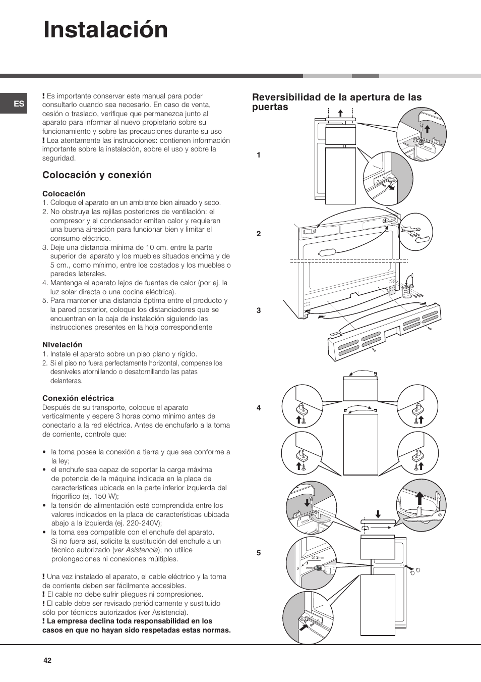 Instalación, Reversibilidad de la apertura de las puertas, Colocación y conexión | Hotpoint Ariston Doppia Porta BDZ M 330 IX-HA User Manual | Page 42 / 72