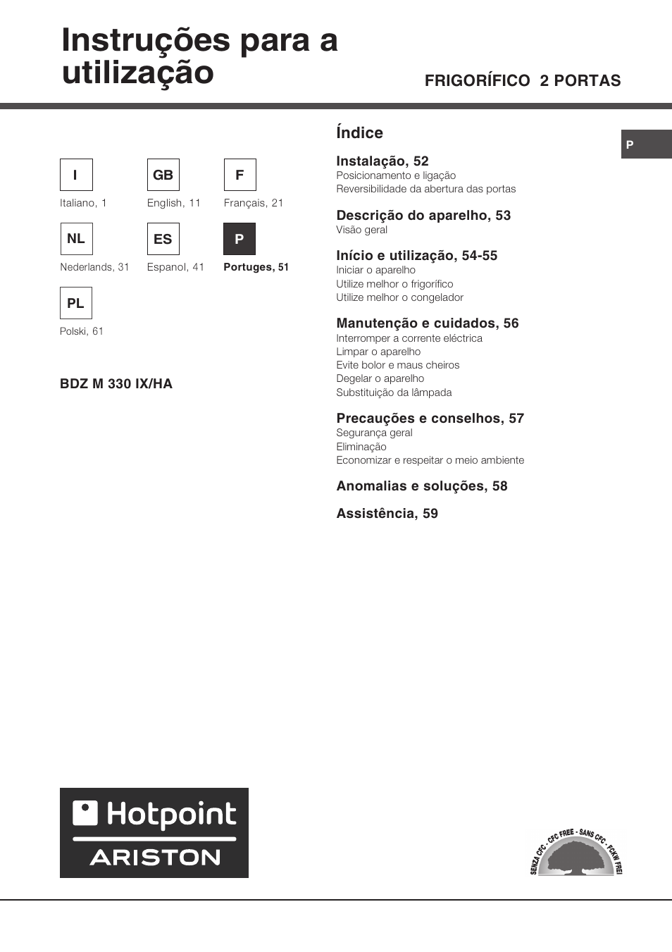 Instruções para a utilização, Frigorífico 2 portas índice | Hotpoint Ariston Doppia Porta BDZ M 330 IX-HA User Manual | Page 51 / 72