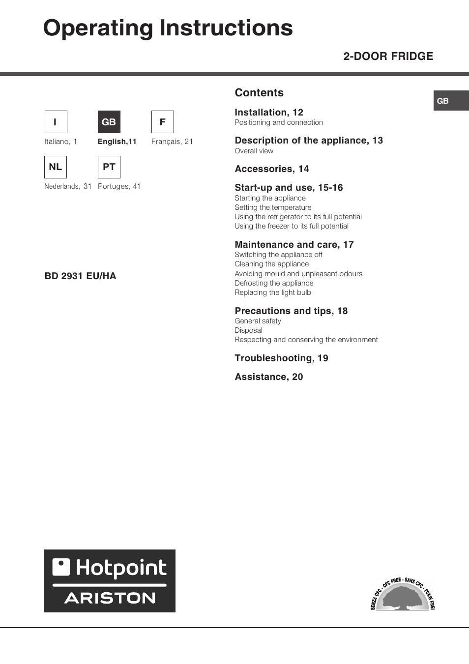 Operating instructions, Door fridge contents | Hotpoint Ariston Doppia Porta BD 2931 EU-HA User Manual | Page 11 / 52