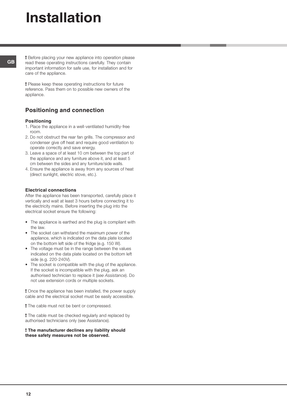Installation, Positioning and connection | Hotpoint Ariston Doppia Porta BD 2931 EU-HA User Manual | Page 12 / 52