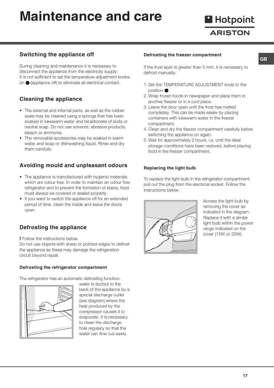 Maintenance and care | Hotpoint Ariston Doppia Porta BD 2931 EU-HA User Manual | Page 17 / 52