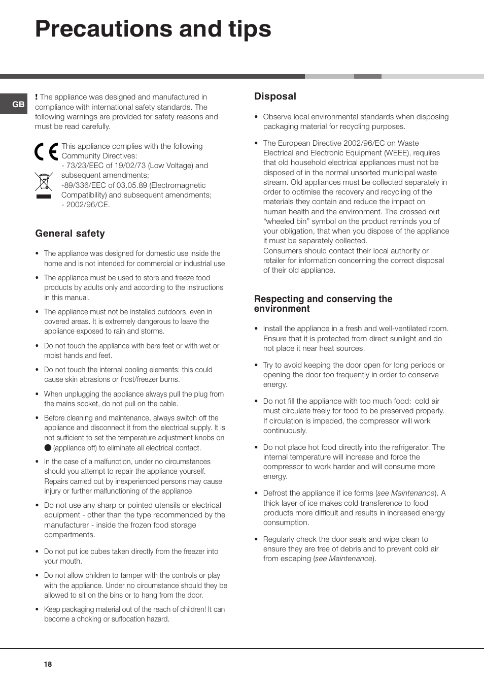 Precautions and tips, General safety, Disposal | Respecting and conserving the environment | Hotpoint Ariston Doppia Porta BD 2931 EU-HA User Manual | Page 18 / 52