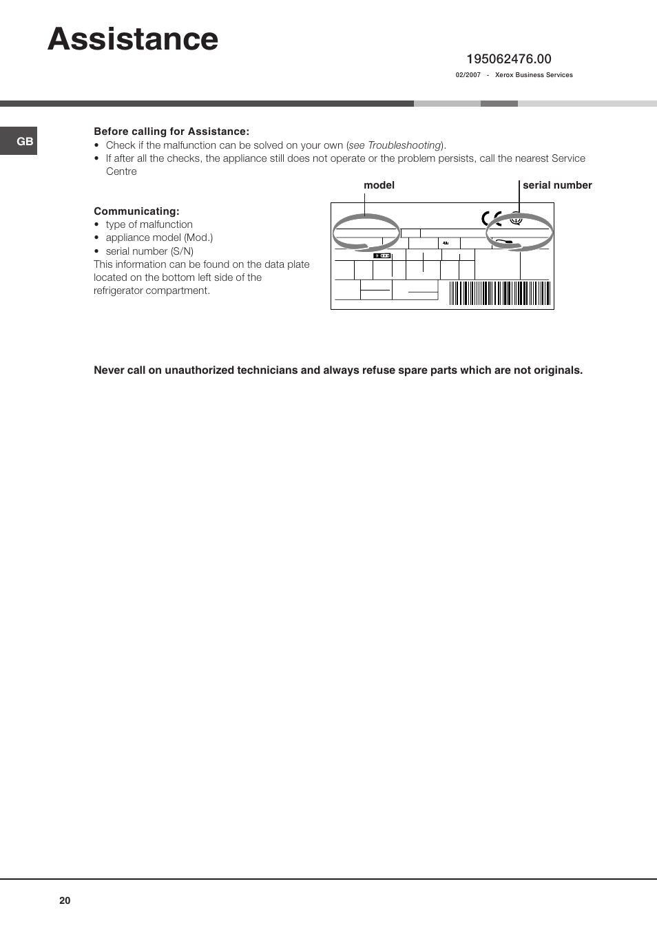 Assistance, Model serial number | Hotpoint Ariston Doppia Porta BD 2931 EU-HA User Manual | Page 20 / 52