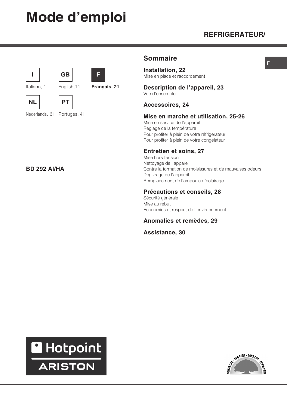 Mode demploi, Refrigerateur, Sommaire | Hotpoint Ariston Doppia Porta BD 2931 EU-HA User Manual | Page 21 / 52