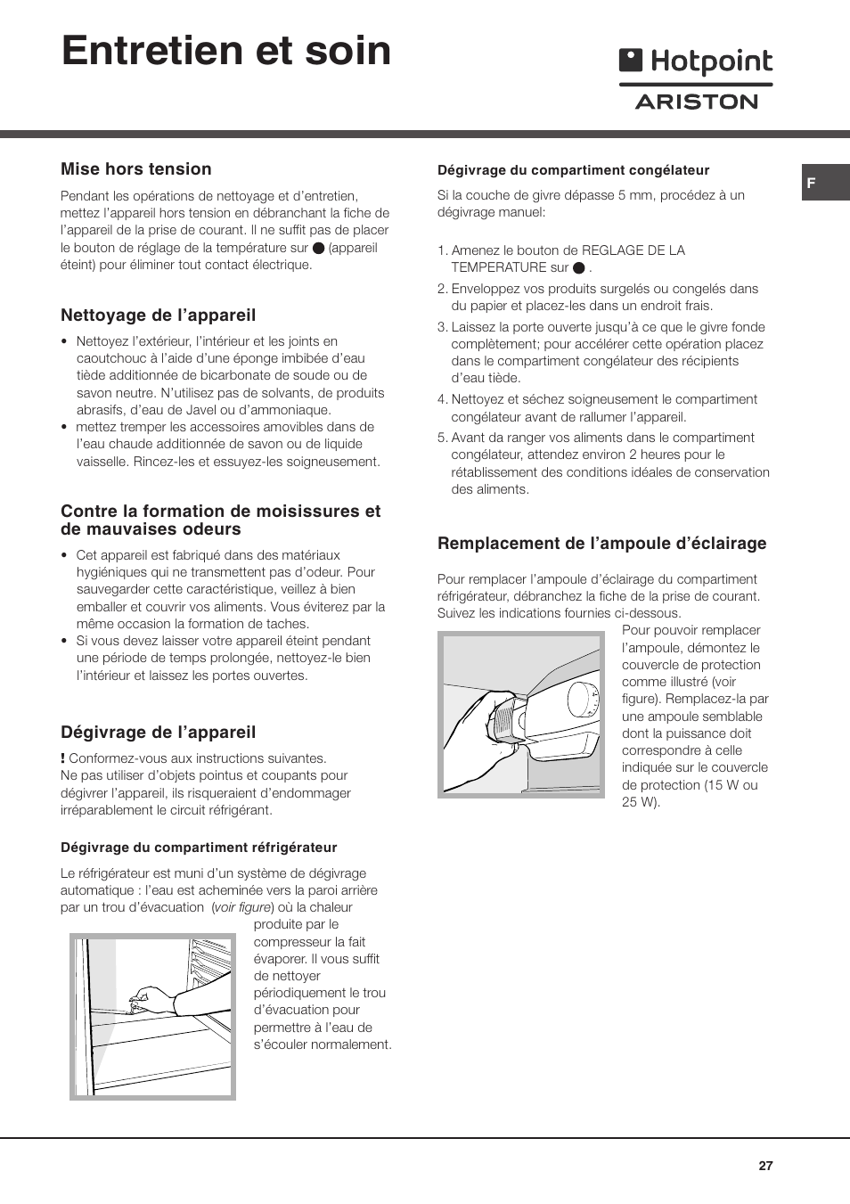 Entretien et soin | Hotpoint Ariston Doppia Porta BD 2931 EU-HA User Manual | Page 27 / 52