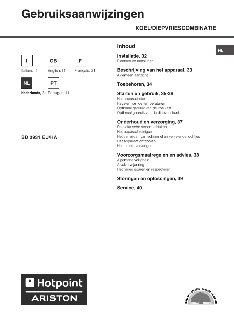 Gebruiksaanwijzingen, Koel/diepvriescombinatie inhoud | Hotpoint Ariston Doppia Porta BD 2931 EU-HA User Manual | Page 31 / 52