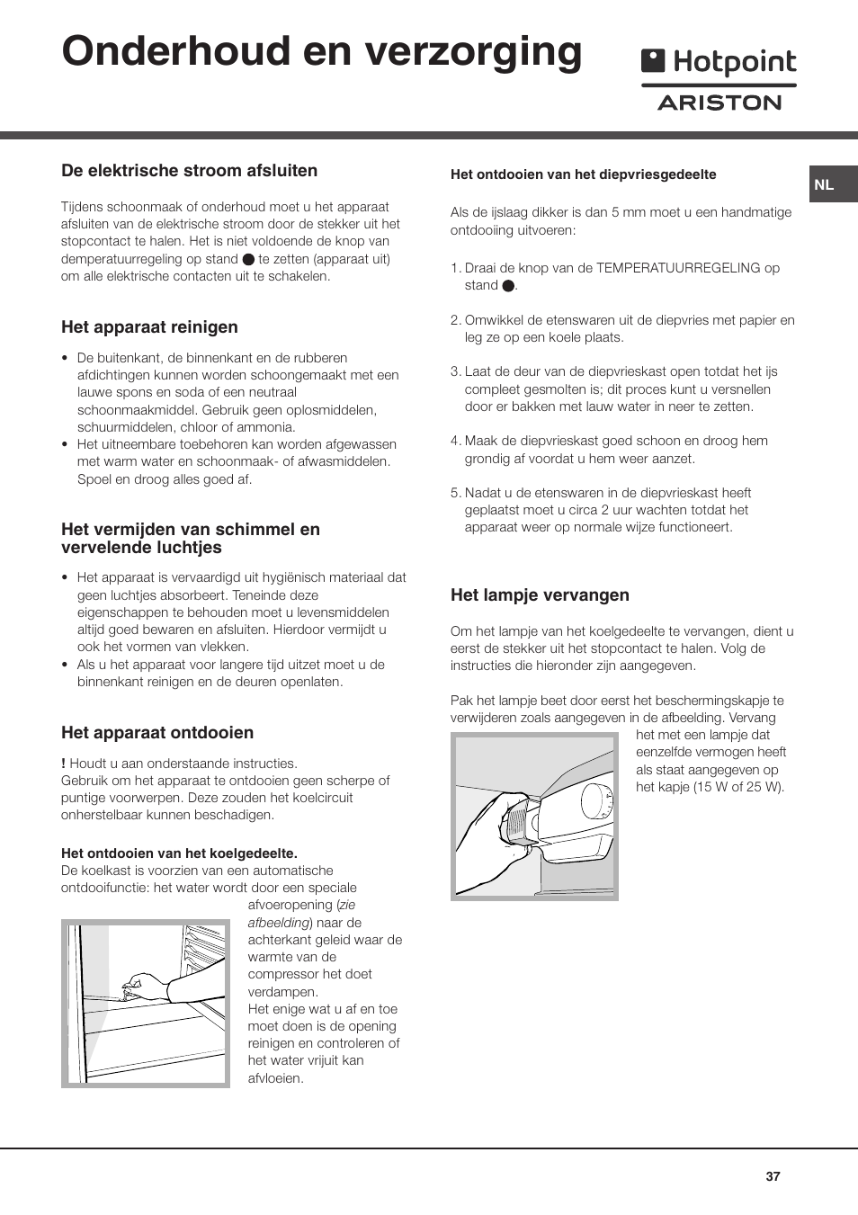 Onderhoud en verzorging | Hotpoint Ariston Doppia Porta BD 2931 EU-HA User Manual | Page 37 / 52
