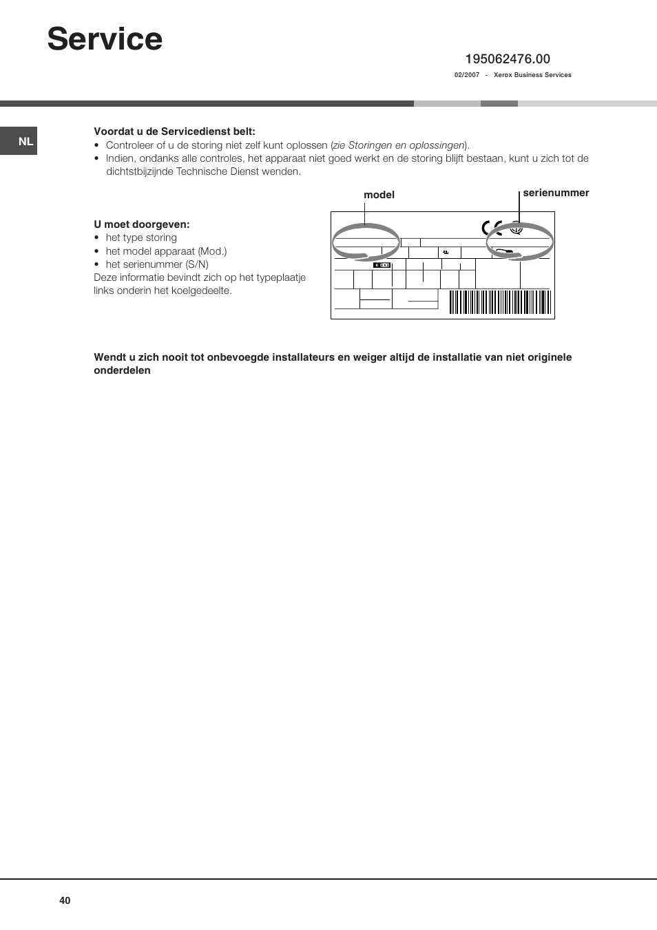 Service, Model serienummer | Hotpoint Ariston Doppia Porta BD 2931 EU-HA User Manual | Page 40 / 52