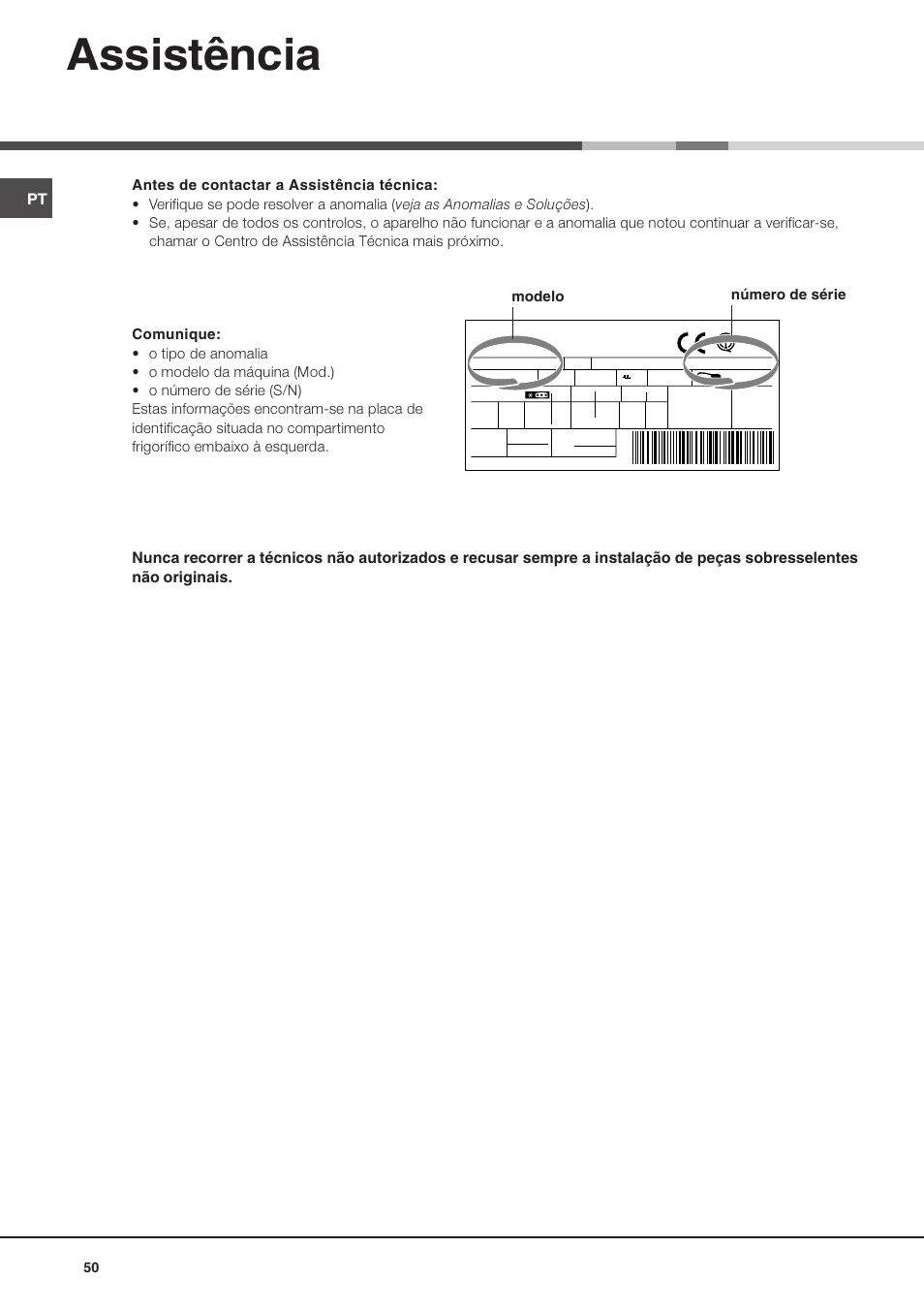 Assistência, Modelo número de série | Hotpoint Ariston Doppia Porta BD 2931 EU-HA User Manual | Page 50 / 52