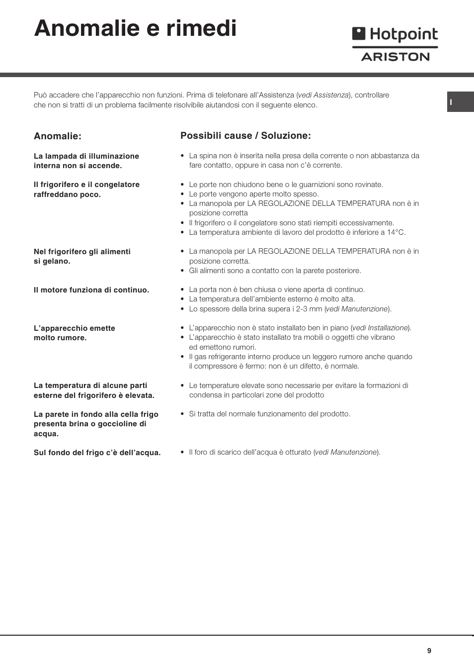 Anomalie e rimedi | Hotpoint Ariston Doppia Porta BD 2931 EU-HA User Manual | Page 9 / 52