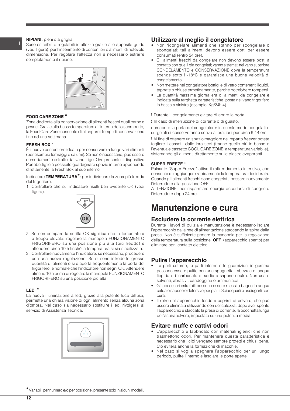 Manutenzione e cura, Utilizzare al meglio il congelatore, Escludere la corrente elettrica | Pulire l’apparecchio, Evitare muffe e cattivi odori | Hotpoint Ariston BCB 3xx AA xx User Manual | Page 12 / 48
