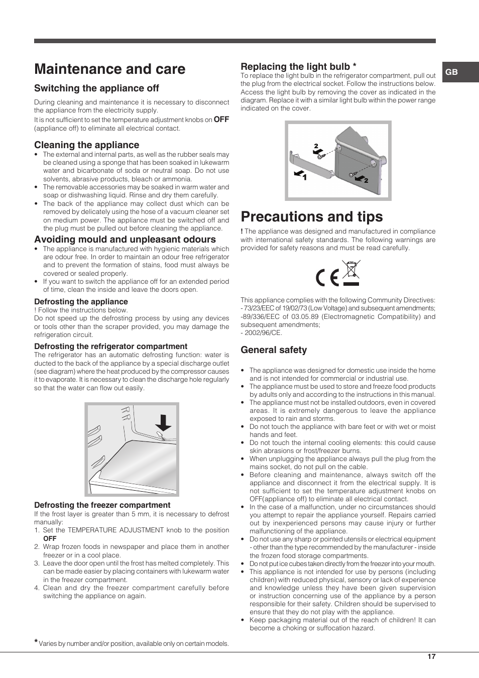Maintenance and care, Precautions and tips, Switching the appliance off | Cleaning the appliance, Avoiding mould and unpleasant odours, Replacing the light bulb, General safety | Hotpoint Ariston BCB 3xx AA xx User Manual | Page 17 / 48