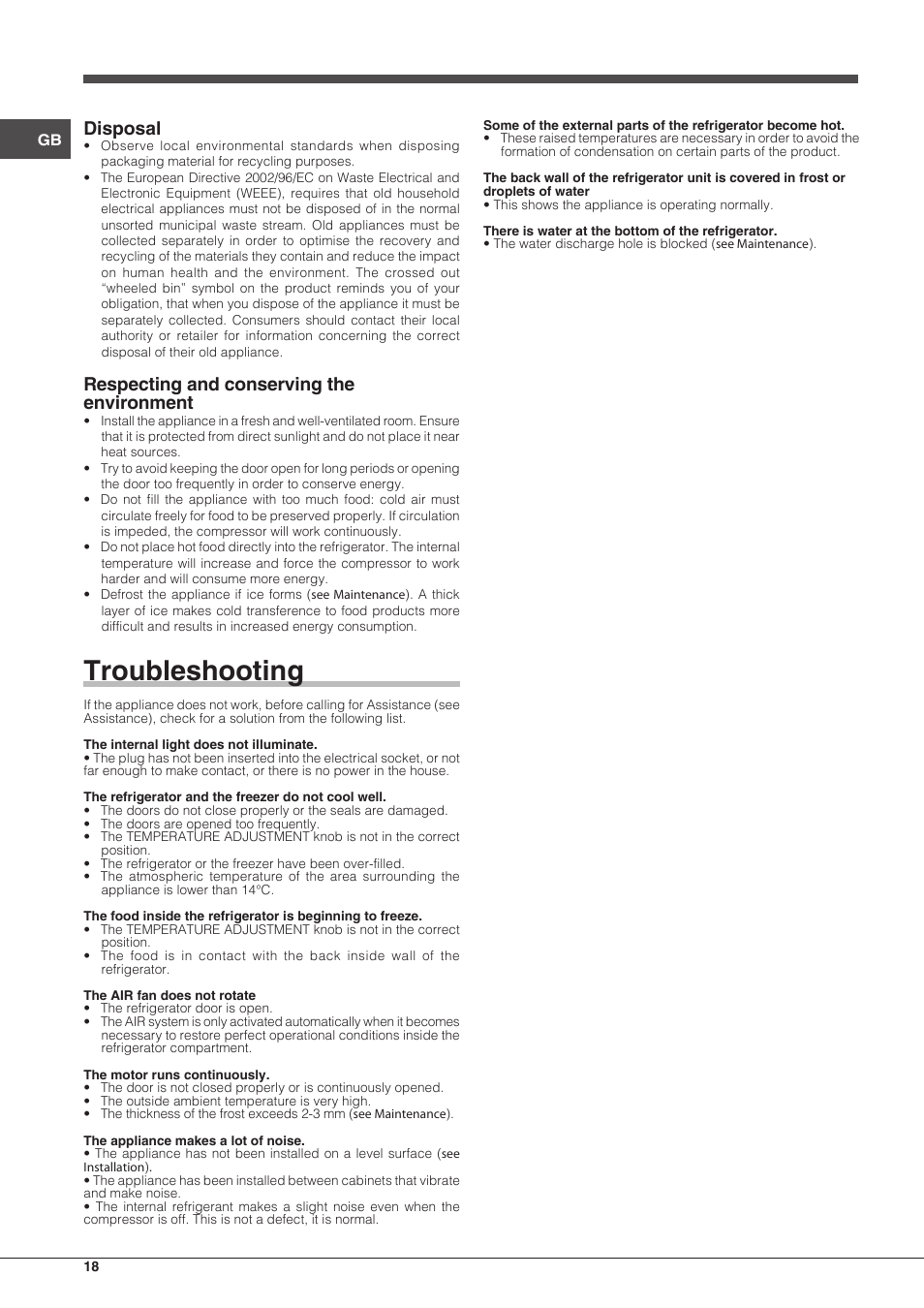 Troubleshooting, Disposal, Respecting and conserving the environment | Hotpoint Ariston BCB 3xx AA xx User Manual | Page 18 / 48