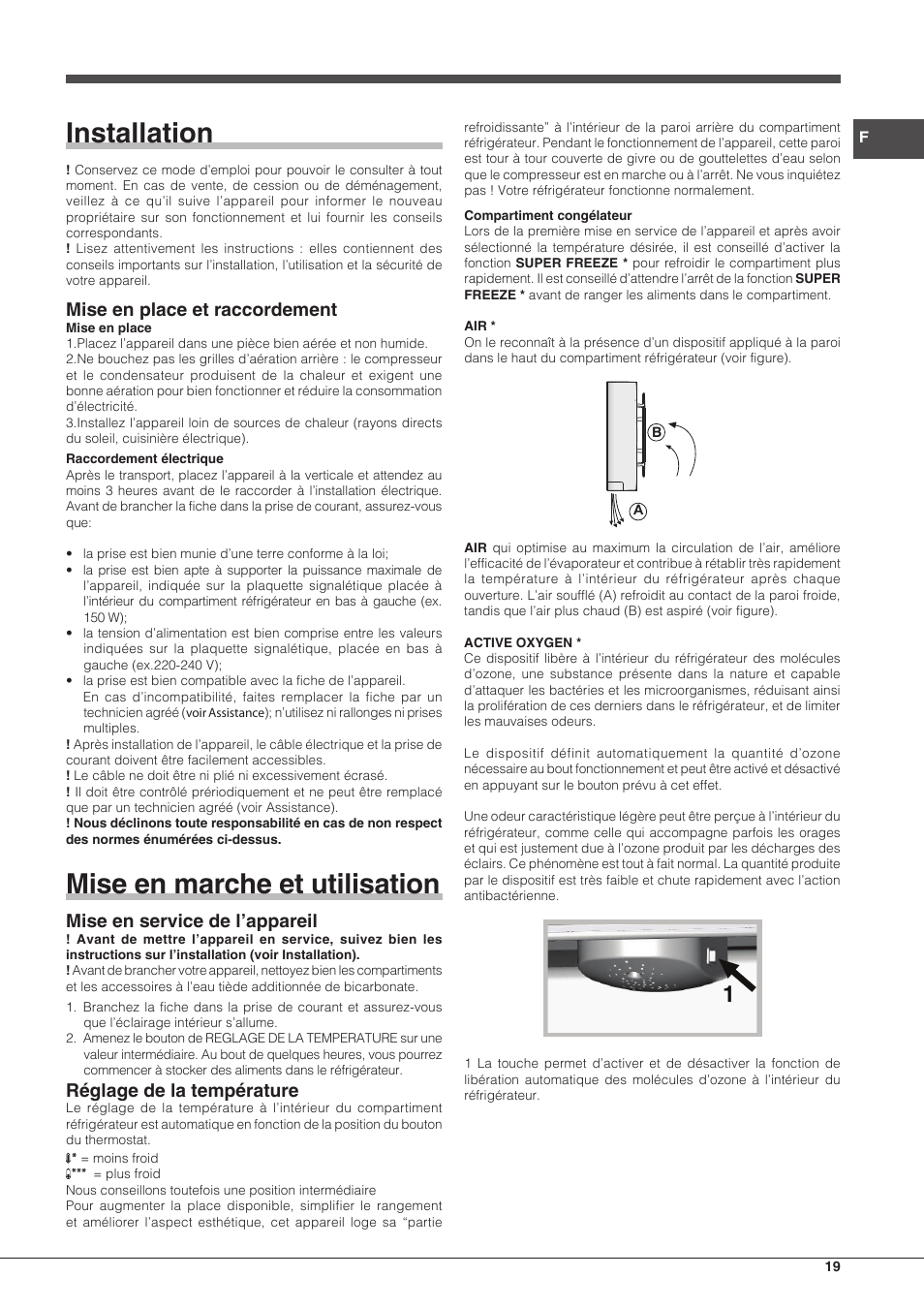 Installation, Mise en marche et utilisation, Mise en place et raccordement | Mise en service de l’appareil, Réglage de la température | Hotpoint Ariston BCB 3xx AA xx User Manual | Page 19 / 48