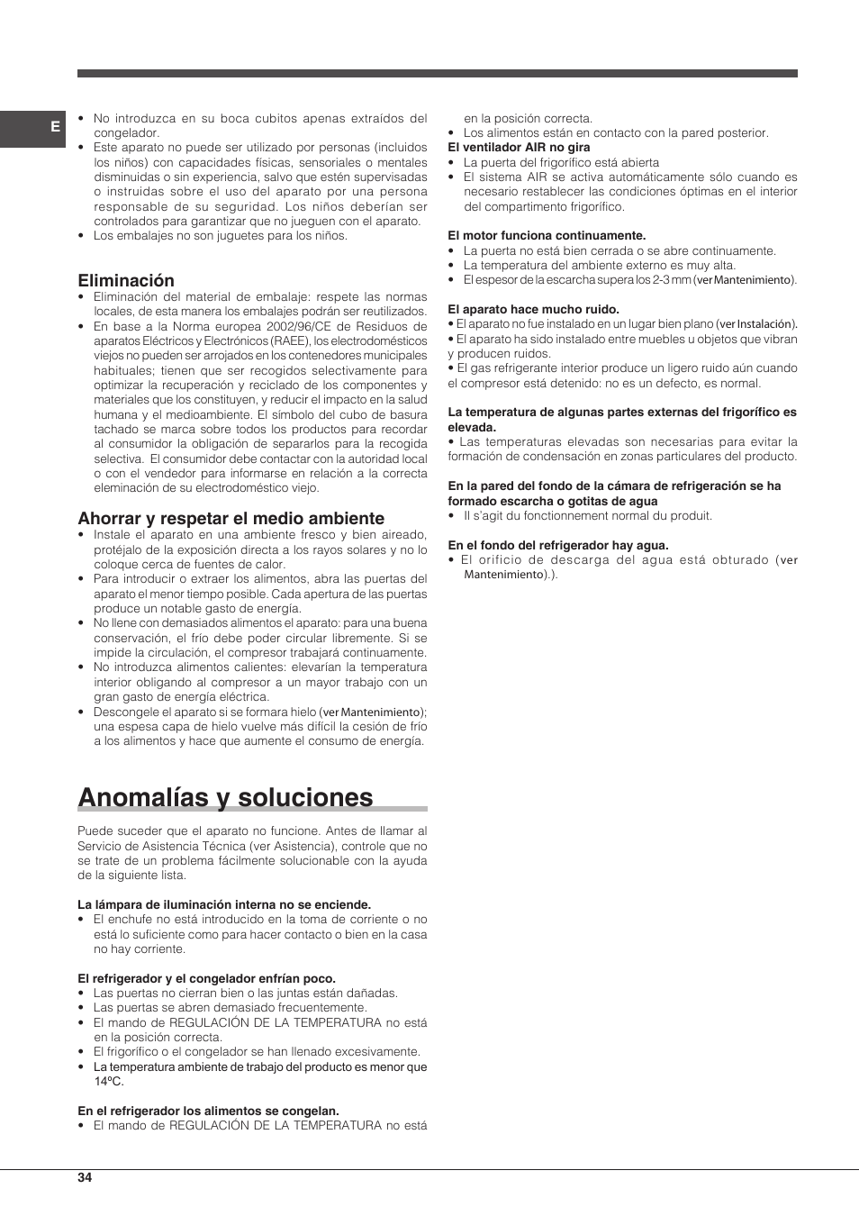 Anomalías y soluciones, Eliminación, Ahorrar y respetar el medio ambiente | Hotpoint Ariston BCB 3xx AA xx User Manual | Page 34 / 48