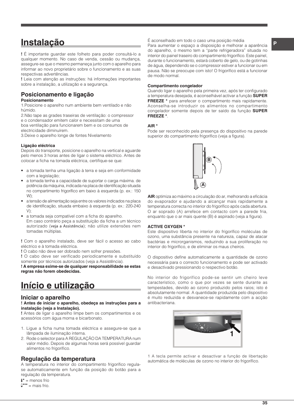 Instalação, Início e utilização, Posicionamento e ligação | Iniciar o aparelho, Regulação da temperatura | Hotpoint Ariston BCB 3xx AA xx User Manual | Page 35 / 48