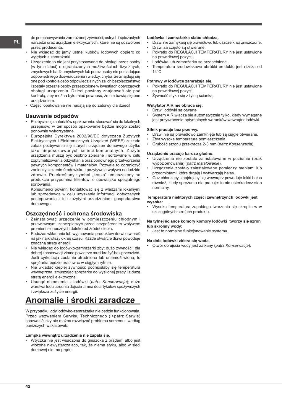 Anomalie i środki zaradcze, Usuwanie odpadów, Oszczędność i ochrona środowiska | Hotpoint Ariston BCB 3xx AA xx User Manual | Page 42 / 48