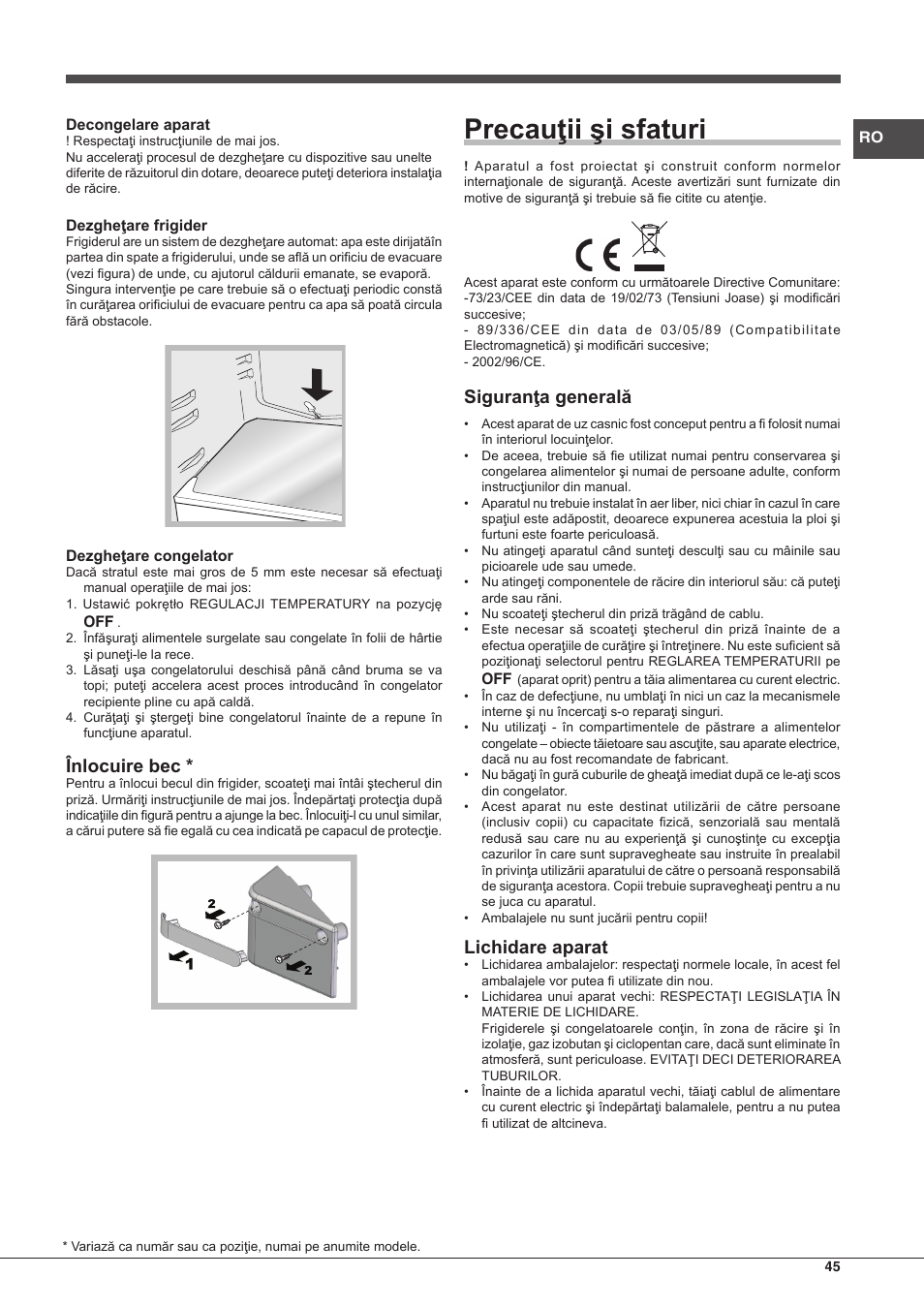 Precauţii şi sfaturi, Înlocuire bec, Siguranţa generală | Lichidare aparat | Hotpoint Ariston BCB 3xx AA xx User Manual | Page 45 / 48