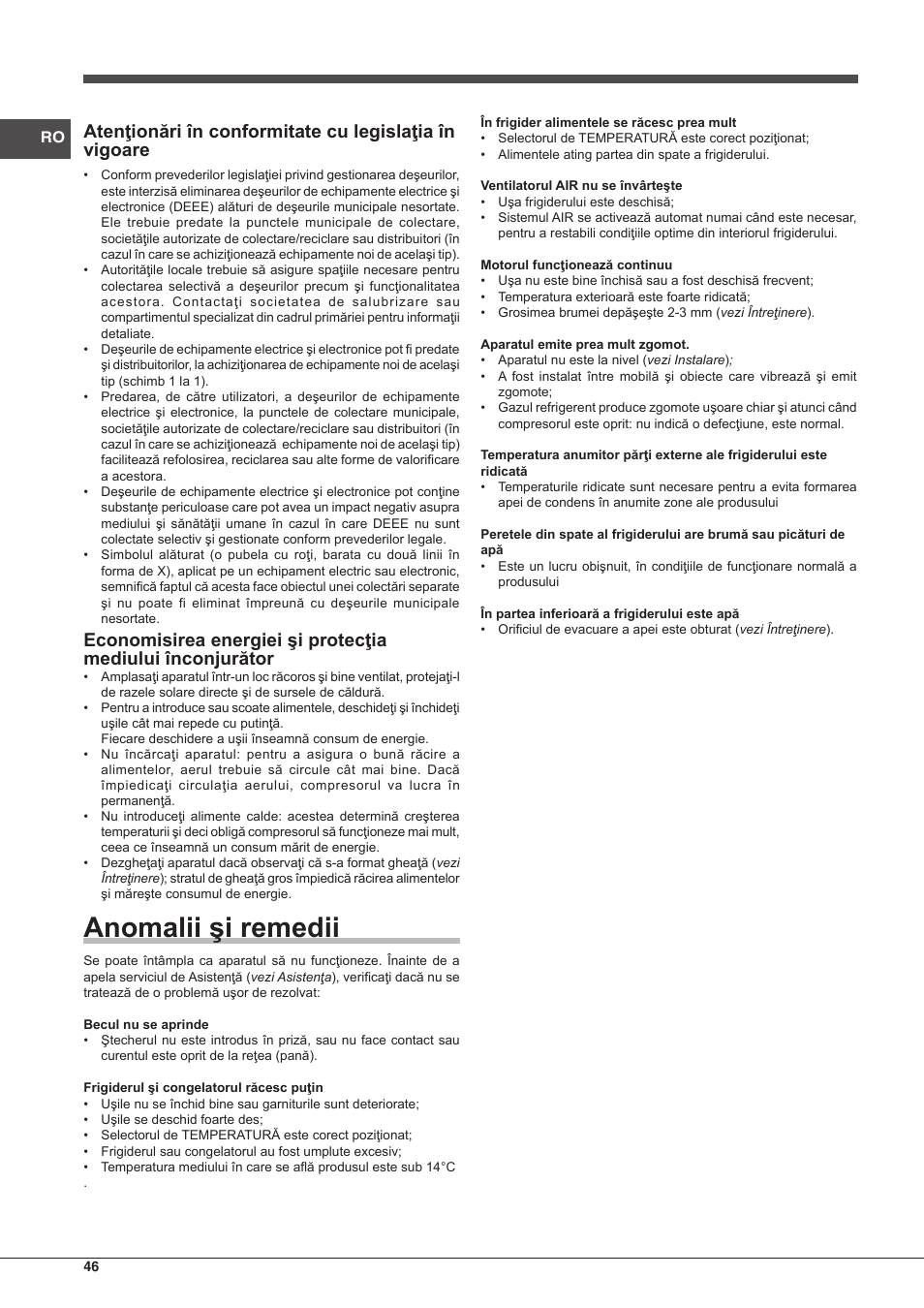 Anomalii şi remedii | Hotpoint Ariston BCB 3xx AA xx User Manual | Page 46 / 48