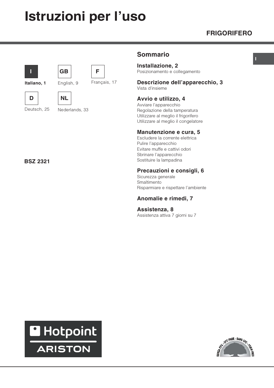 Hotpoint Ariston Una Porta BSZ 2321 User Manual | 40 pages