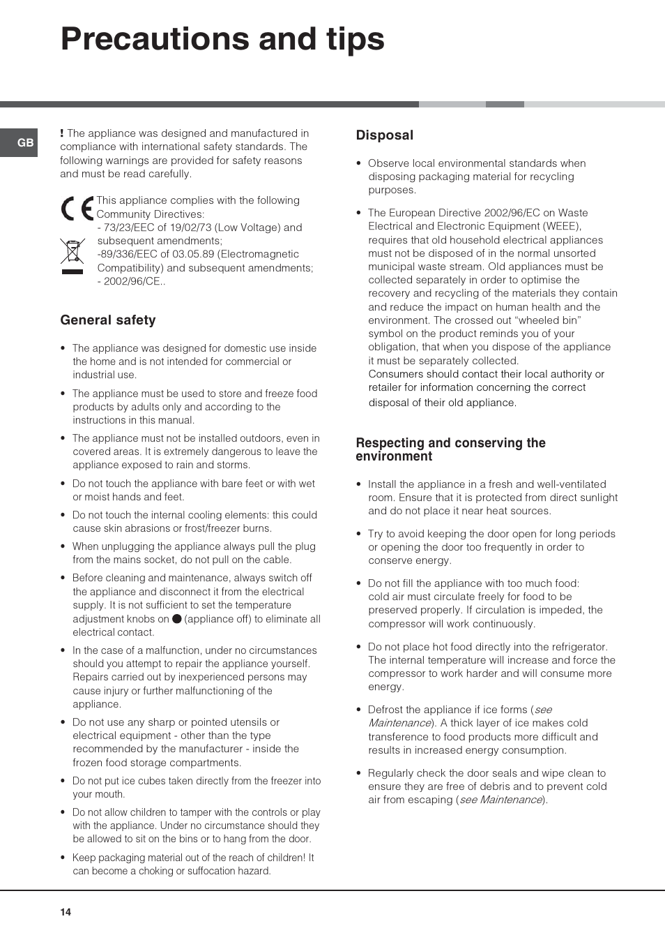 Precautions and tips, General safety, Disposal | Respecting and conserving the environment | Hotpoint Ariston Una Porta BSZ 2321 User Manual | Page 14 / 40