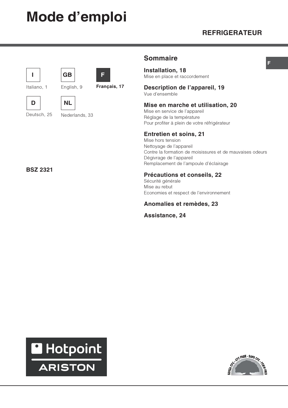 Mode demploi, Refrigerateur, Sommaire | Hotpoint Ariston Una Porta BSZ 2321 User Manual | Page 17 / 40