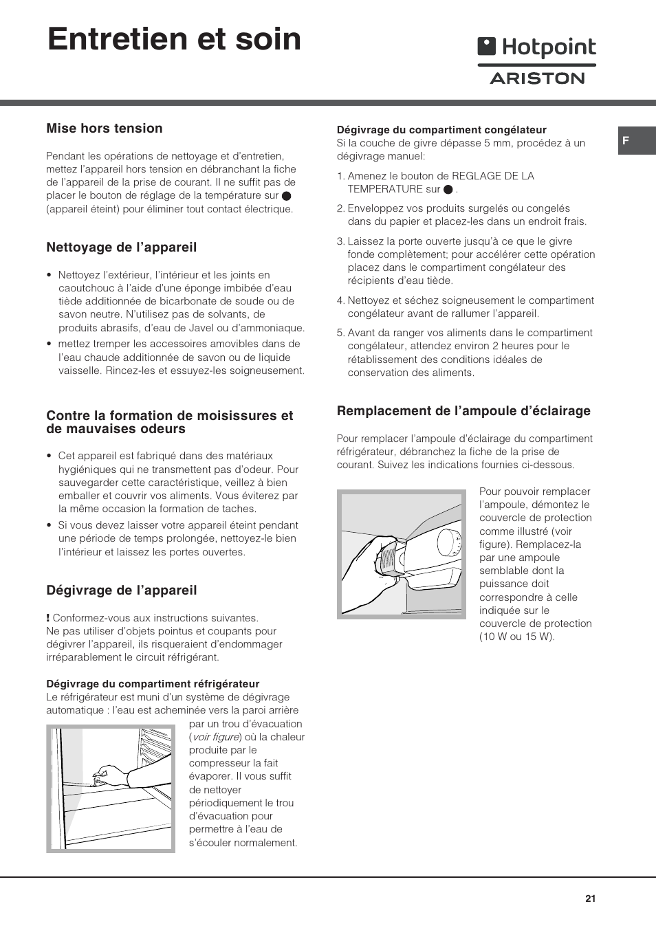 Entretien et soin | Hotpoint Ariston Una Porta BSZ 2321 User Manual | Page 21 / 40