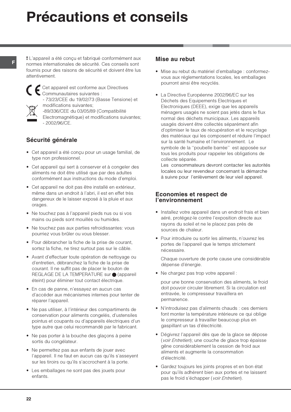 Précautions et conseils, Sécurité générale, Mise au rebut | Economies et respect de lenvironnement | Hotpoint Ariston Una Porta BSZ 2321 User Manual | Page 22 / 40