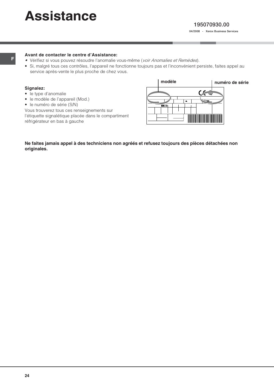 Assistance, Modèle numéro de série | Hotpoint Ariston Una Porta BSZ 2321 User Manual | Page 24 / 40
