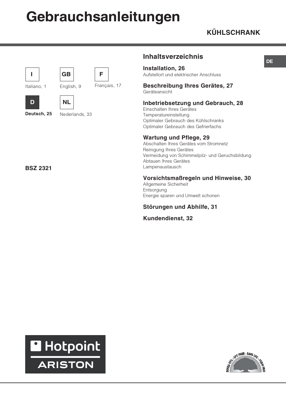 Gebrauchsanleitungen, Kühlschrank inhaltsverzeichnis | Hotpoint Ariston Una Porta BSZ 2321 User Manual | Page 25 / 40