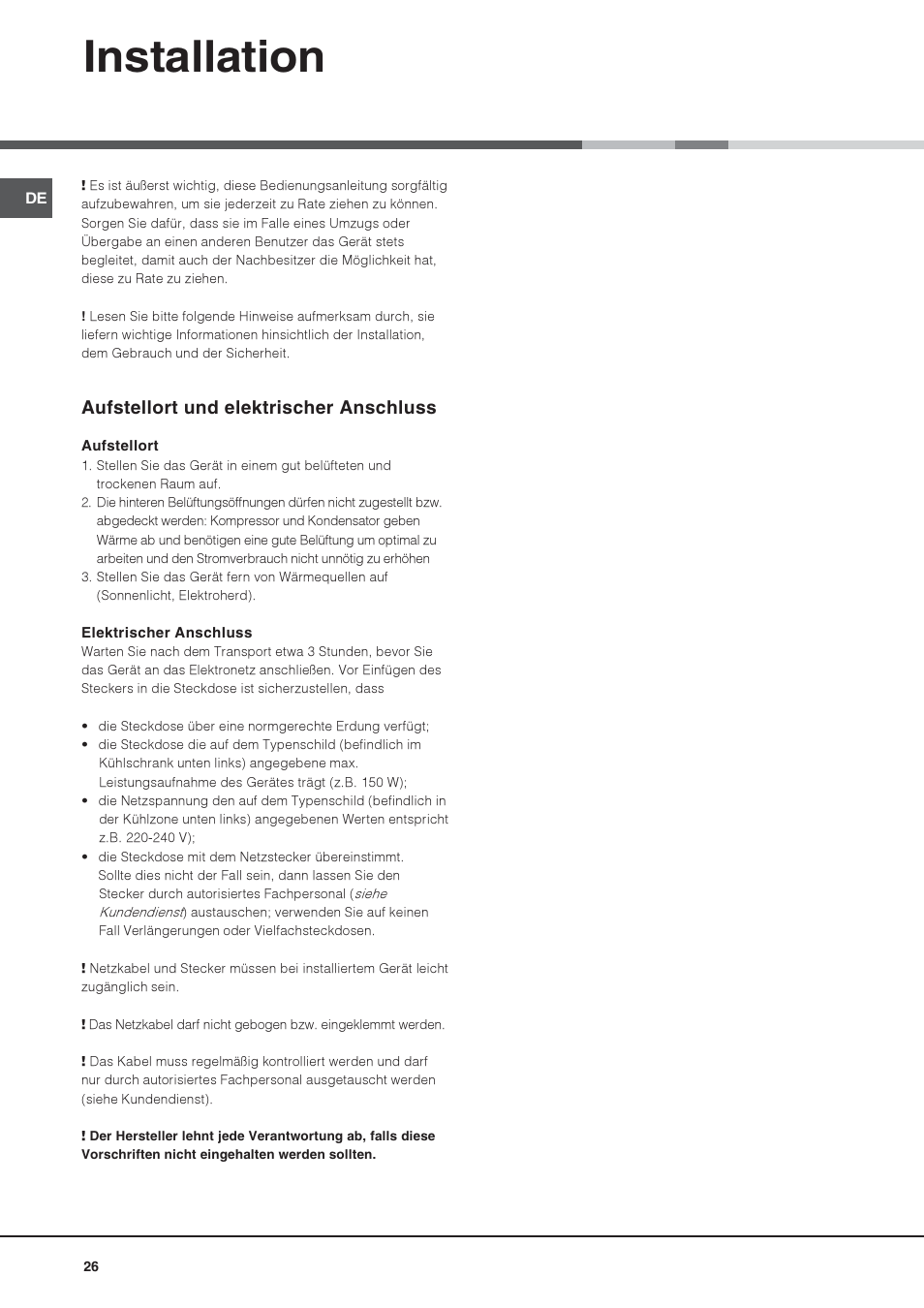 Installation, Aufstellort und elektrischer anschluss | Hotpoint Ariston Una Porta BSZ 2321 User Manual | Page 26 / 40
