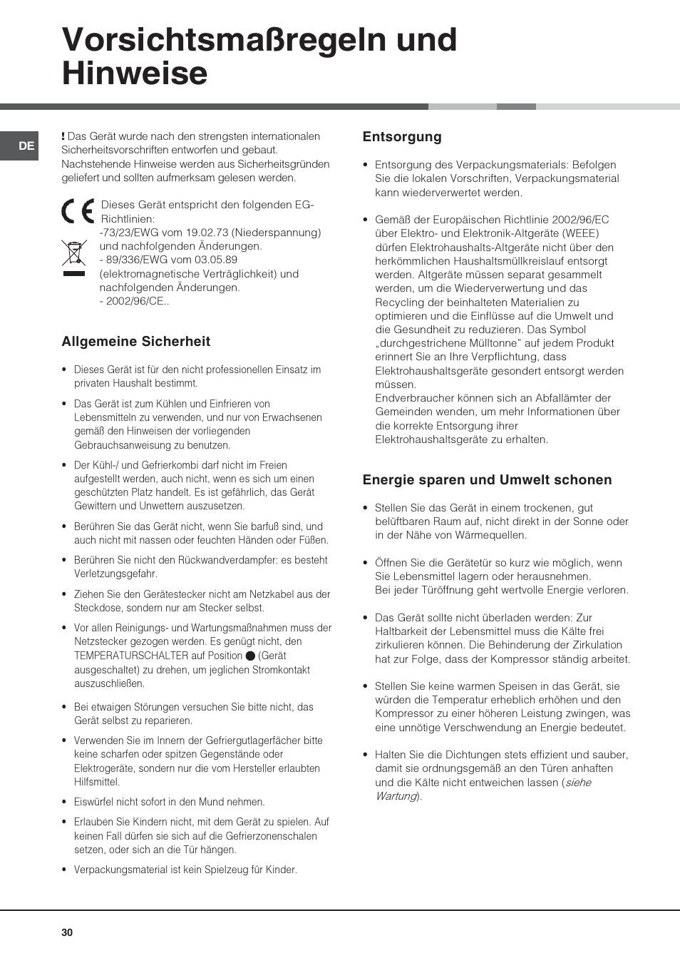 Vorsichtsmaßregeln und hinweise | Hotpoint Ariston Una Porta BSZ 2321 User Manual | Page 30 / 40