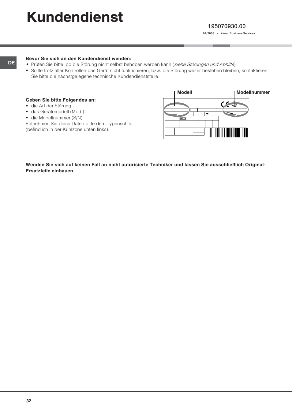 Kundendienst, Modell modellnummer | Hotpoint Ariston Una Porta BSZ 2321 User Manual | Page 32 / 40