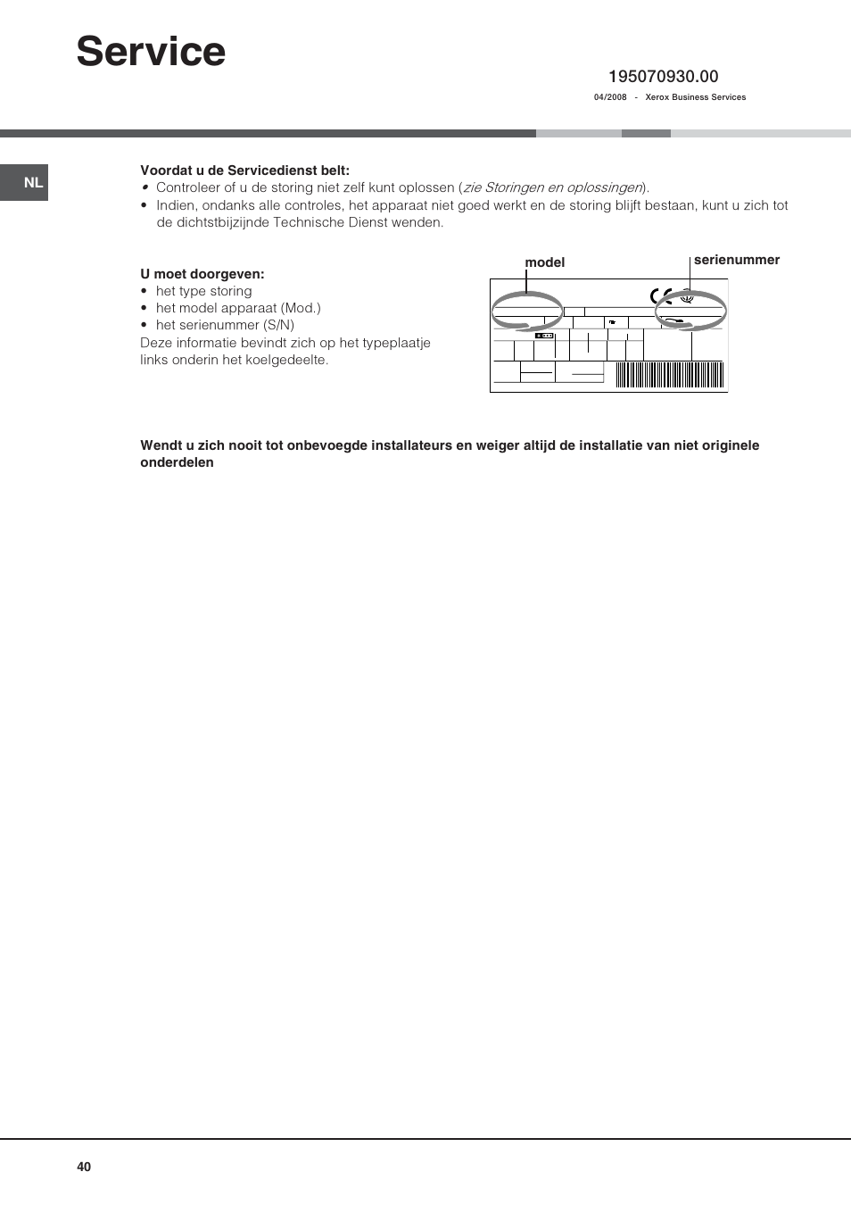 Service, Model serienummer | Hotpoint Ariston Una Porta BSZ 2321 User Manual | Page 40 / 40