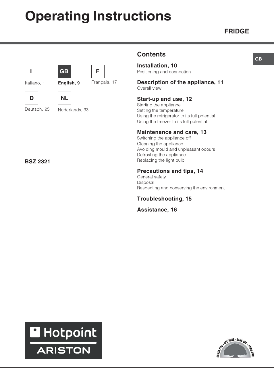 Operating instructions, Fridge contents | Hotpoint Ariston Una Porta BSZ 2321 User Manual | Page 9 / 40