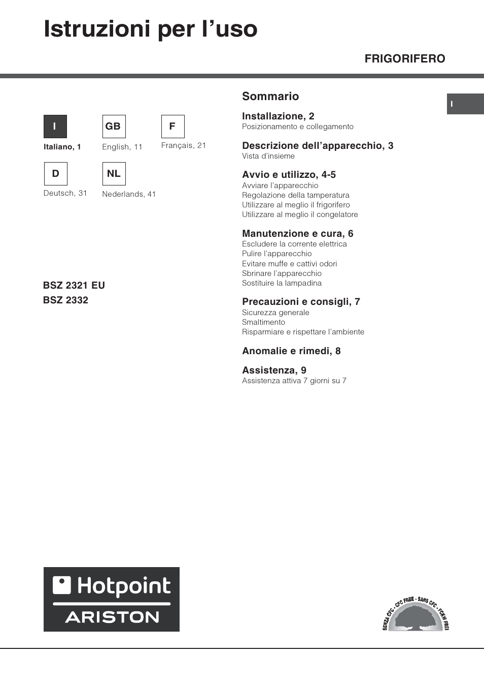 Hotpoint Ariston Una Porta BSZ 2332 User Manual | 48 pages