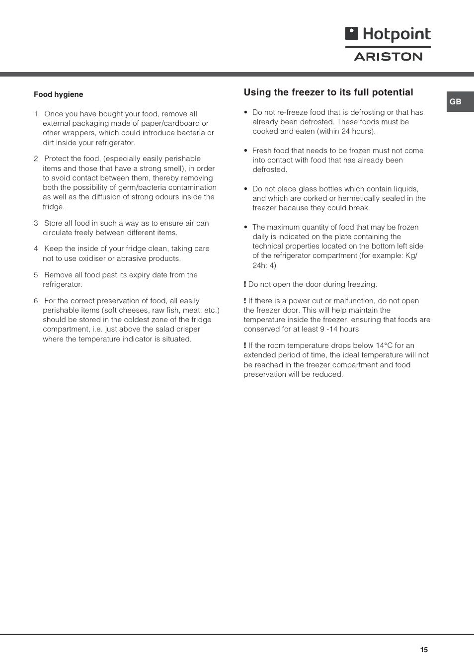 Using the freezer to its full potential | Hotpoint Ariston Una Porta BSZ 2332 User Manual | Page 15 / 48