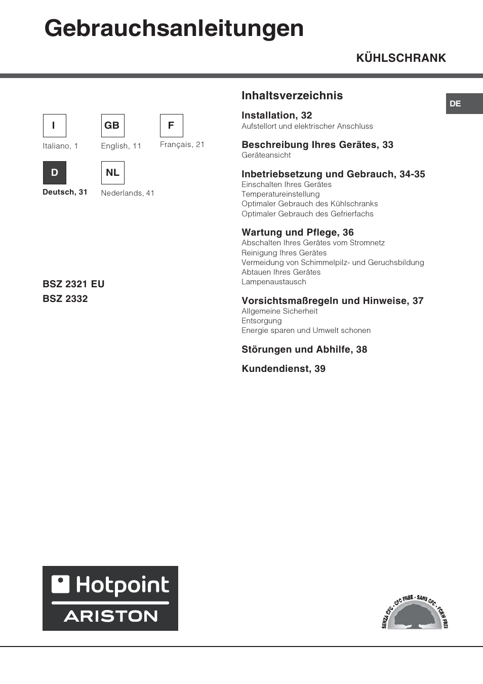 Gebrauchsanleitungen, Kühlschrank inhaltsverzeichnis | Hotpoint Ariston Una Porta BSZ 2332 User Manual | Page 31 / 48