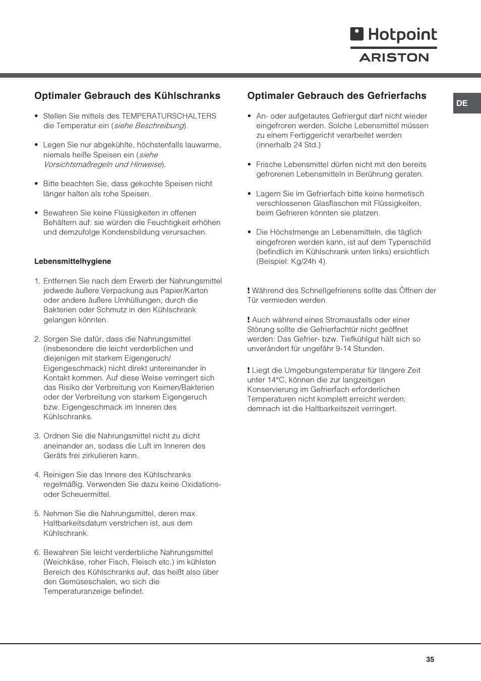 Optimaler gebrauch des kühlschranks, Optimaler gebrauch des gefrierfachs | Hotpoint Ariston Una Porta BSZ 2332 User Manual | Page 35 / 48